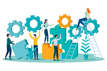 Teamwork.People put together puzzles and gears.Flat vector illustration.