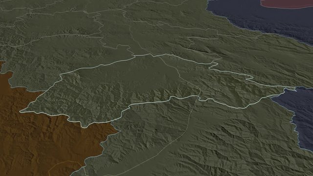 Jablanički, district with its capital, zoomed and extruded on the administrative map of Serbia in the conformal Stereographic projection. Animation 3D