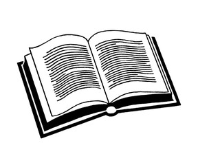 Book icon isolated on white background. Black and white illustration of Opened Book with text. Vector illustration.