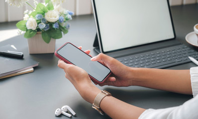 Female hand using phone with blank screen at home.