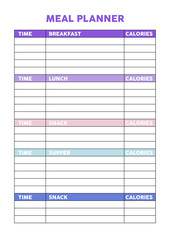Meal planner for diary, organiser, notebook. Printable A4 planner. Vector Illustration.