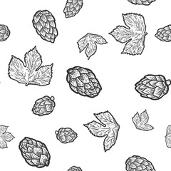 Seamless isolated objects. Sprig of blooming hops and leaves. Black and white hand drawn image.