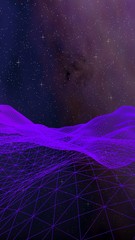 Abstract ultraviolet landscape on a dark background. Purple cyberspace grid. hi tech network. Outer space. Violet starry outer space texture. Vertical image orientation. 3D illustration