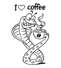 Cobra snake holds cup of coffee in its tail, text I love coffee, black and white cartoon