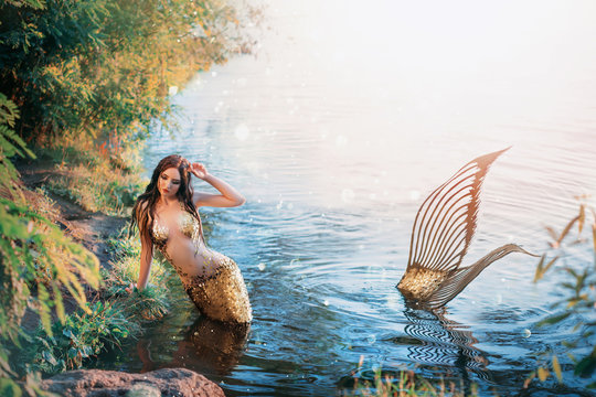 Fantasy woman real mermaid myth goddess of sea. Art goldfish creative costume ocean siren sexy body spa relaxation. mystic spirit of lake river floats swimming in water. sunset nature Magic sun light 