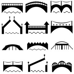 A set of black bridge silhouettes. Modern and retro architecture. Road across the river. Vector icons.
