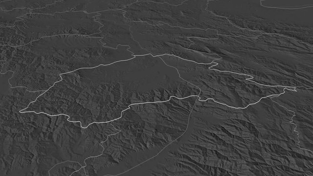 Jablanički, district with its capital, zoomed and extruded on the bilevel map of Serbia in the conformal Stereographic projection. Animation 3D