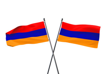 Armenia flags crossed isolated on a white background. 3D Rendering