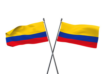 Colombia flags crossed isolated on a white background. 3D Rendering