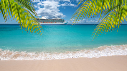 Tropical beach with palm trees. Side view of luxury cruise ship in the background.