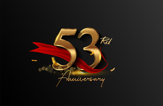 53rd anniversary logo with red ribbon and golden confetti isolated on elegant background, sparkle, vector design for greeting card and invitation card