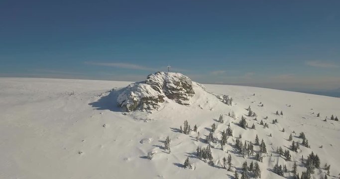 Aerial Drone View Of Snowy Austrian Alps On Sunny Day