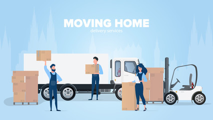 Moving home banner. Moving to a new place. White truck, Movers carry boxes, a girl checks the presence in the list. Carton boxes. The concept of transportation and delivery of goods. Vector.
