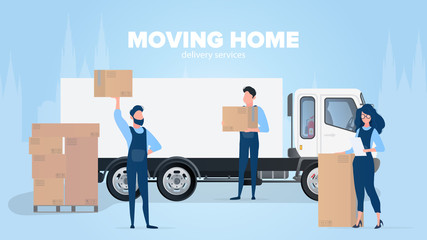 Moving home banner. Moving to a new place. White truck, Movers carry boxes, a girl checks the presence in the list. Carton boxes. The concept of transportation and delivery of goods. Vector.