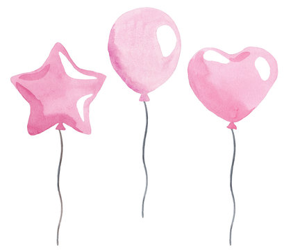 watercolor pink balloons set isolated on white background. Star and heart shaped air balloons for invitation and card decoration