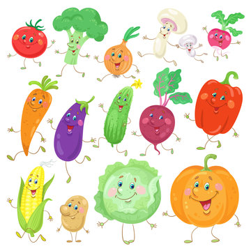 Big set of funny vegetables.  In cartoon style. Isolated on white background. Vector flat illustration.