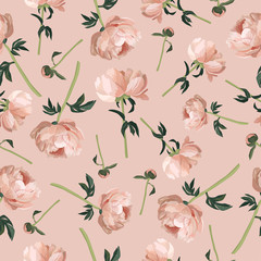 Peonies seamless pattern. Hand drawn nature vector elements on Pink background. Wrapping paper floral design template.