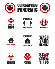 Covid-19 info sign. Coronavirus vector icon. Social distancing, avoid crowds and stop corona virus campaign. Stay and work at home logo. Biohazard symbol. Pandemic information poster.
