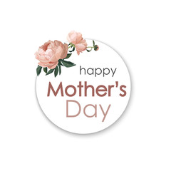 Happy Mother’s Day. Hand drawn realistic peonies on round background with shadow. Isolated on white background. Sticker, banner, greeting card design. - 343814907