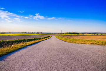 Rural asphalt road in the field with blue sky