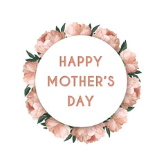 Happy Mother's Day. Hand drawn realistic Peonies wreath circle background. Vector greeting card template. - 343814953
