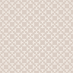 Vector abstract geometric floral pattern. Subtle seamless texture with small flower silhouettes, carved shapes, crosses. Elegant ornament in beige colors. Simple minimalist background. Repeat design