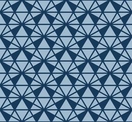 Fototapeta premium Vector triangles pattern. Abstract geometric seamless texture in navy and blue color. Simple ornament with grid, lattice, net, triangles. Stylish minimalist graphic background. Modern repeated design