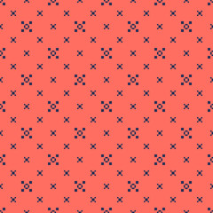 Vector colorful geometric seamless pattern. Simple abstract minimalist texture with small squares, flower silhouettes. Pixel art. Minimal funky background. Coral and dark blue color. Repeat design