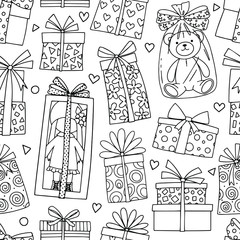Seamless pattern with gift boxes, doll and Teddy bear. Vector linear illustration.