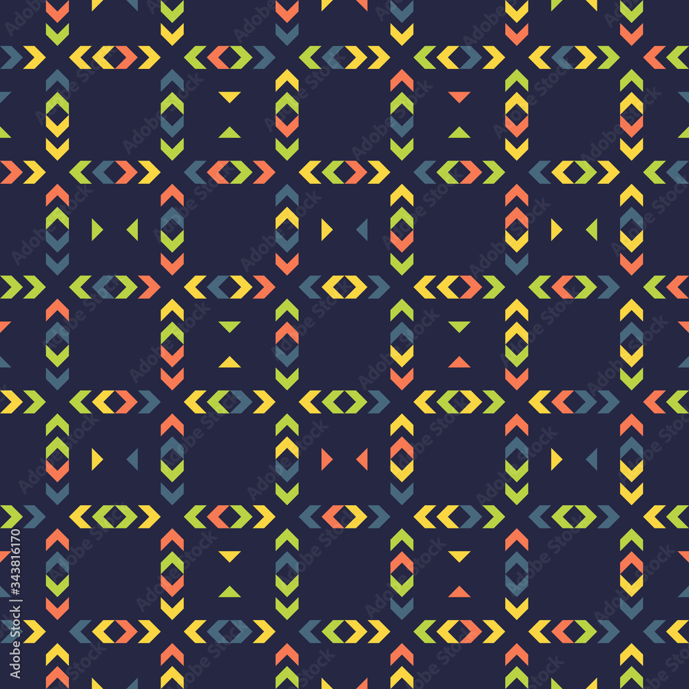 Wall mural Vector geometric seamless pattern. Abstract texture with squares, triangles, arrows, grid. Tribal ethnic motif. Folk style geometrical ornament in blue, green, yellow, orange color. Elegant design - Wall murals