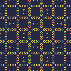 Vector geometric seamless pattern. Abstract texture with squares, triangles, arrows, grid. Tribal ethnic motif. Folk style geometrical ornament in blue, green, yellow, orange color. Elegant design