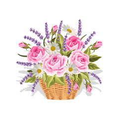 A basket full of flowers. Vector illustrtion on white background.