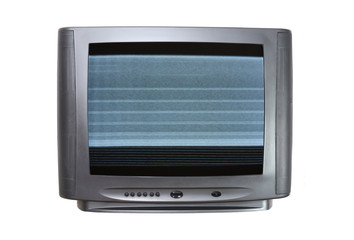 Old black tv with clutter on the screen on a white background.