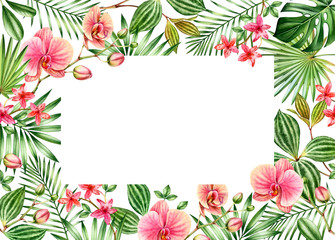 Fototapeta na wymiar Watercolor floral card template. Horizontal frame with place for text. Big orange orchid flowers and palm leaves. Hand painted tropical background. Botanical illustrations isolated on white