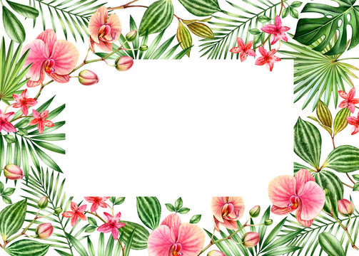 Watercolor floral card template. Horizontal frame with place for text. Big orange orchid flowers and palm leaves. Hand painted tropical background. Botanical illustrations isolated on white