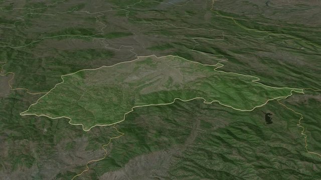 Jablanički, district with its capital, zoomed and extruded on the satellite map of Serbia in the conformal Stereographic projection. Animation 3D