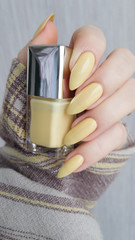 Fototapeta na wymiar Female hand with long nails and a bottle of pale yellow cream nail polish