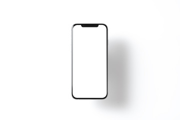 Smartphone mockup. New black frameless hovering smartphone with white screen. Isolated on color background. Based on high-quality studio shot. Smartphone frameless design concept.