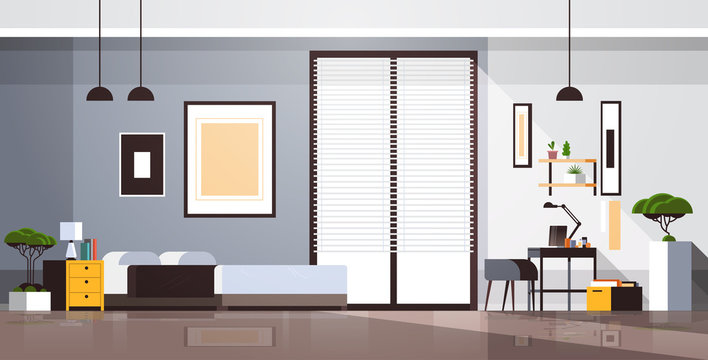 workplace cabinet in bedroom empty no people apartment interior room with furniture horizontal vector illustration