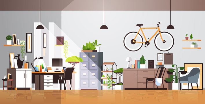 modern workplace cabinet empty living room interior no people apartment with furniture horizontal vector illustration