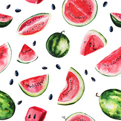 Watercolor watermelons and slices seamless pattern