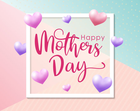 Happy Mother's Day greetings design with 3D hearts with a colorful background. creative concept of mother's day celebration. copy space text, vector illustration.
