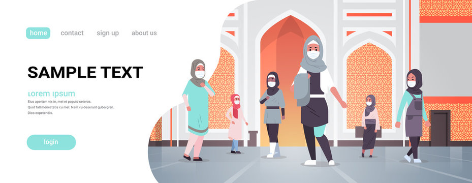 arab women in medical masks coming to nabawi mosque building quarantine covid-19 quarantine pandemic concept people praying in traditional clothes horizontal full length copy space vector illustration