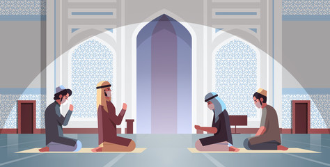 religious muslim men in masks praying ramadan kareem holy month religion coronavirus pandemic quarantine concept nabawi mosque building intrior full length horizontal vector illustration