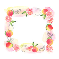 Watercolor square frame of greenery and grapefruit isolated on white background