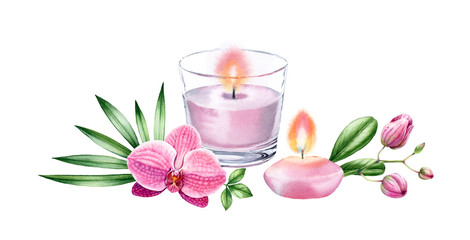 Fototapeta na wymiar Watercolor candles with tropical flowers. Pink orchid and palm leaves. Spa and cosmetic products isolated on white background. Realistic hand drawn illustration
