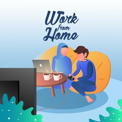 Work From Home. Muslim Family Work. Freelance. Online Education or Business or Social Media Concept.  Vector Illustration Concept design isolated on blue and white