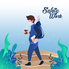Safety Work. Young man Walking on road after work with face mask for safety. Freelance. Vector Illustration Concept design
