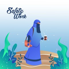 Safety Work. Muslim Young girl Walking on road after work with face mask for safety. Freelance. Vector Illustration Concept design