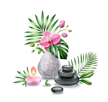 Watercolor vase with orchid, candle and spa stones. Tropical bouquet with flowers and palm leaves. Interior decoration of grey stone. Realistic illustration isolated on white background